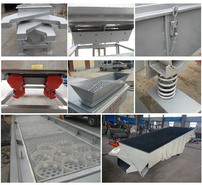 多層直線振動篩由進料口,底座,振動電機,篩網,篩框,彈簧,出料口等組成。