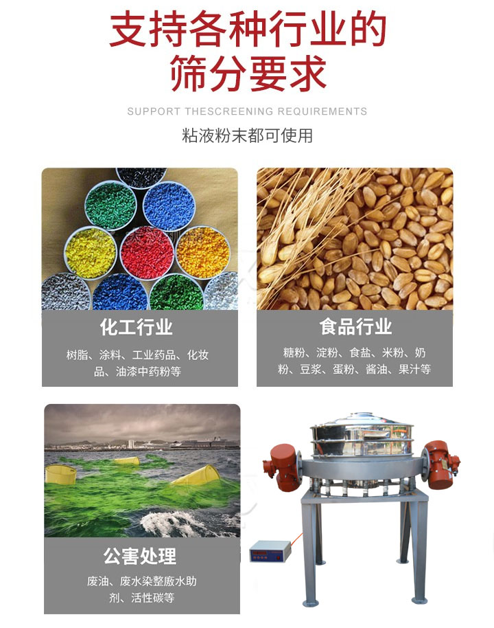 直排篩適用行業：化工行業，食品行業，金屬行業，以及公害處理等行業。支持各種行業的篩分要求。