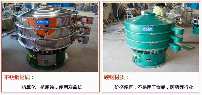 800型振動篩有不銹鋼和碳鋼兩種材質(zhì),不銹鋼材質(zhì):抗氧化,抗腐蝕,使用壽命長 碳鋼材質(zhì):價(jià)格便宜,不易篩分食品,化工,醫(yī)藥等行業(yè)的物料。