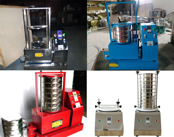 三種不同類型的試驗篩，區別控制臺在下部或在右側。材質為不銹鋼和碳鋼兩種，碳鋼材質做了噴漆有：紅色和藍色兩種。