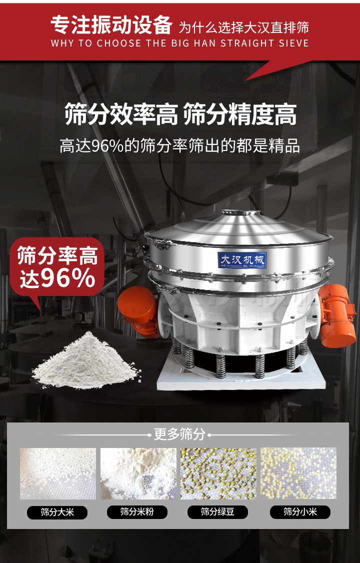 直排篩適用物料有面粉，淀粉，洗衣粉，金屬粉，添加劑，化工，非礦等行業。