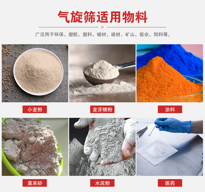氣旋篩適用物料：小麥粉，麥芽糖粉，涂料，等粉狀物料。